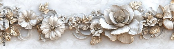 Fototapeta A gold and white floral arrangement is displayed on a white background