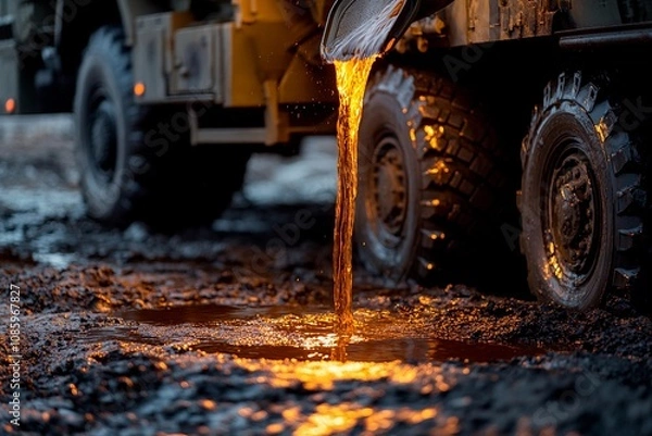 Fototapeta Trucks deliver liquid gold to muddy terrain at sunset in an oil extraction area. Generative AI