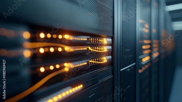 Fototapeta A computer server room with a long hallway filled with rows of servers