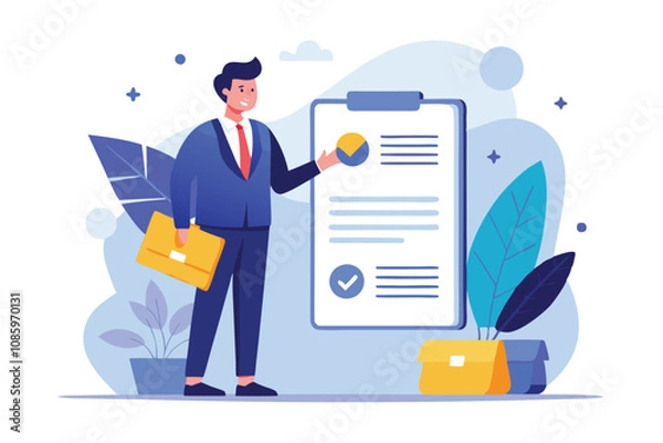 Fototapeta vector illustration of a businessman presenting a checklist or project plan for task management and success.