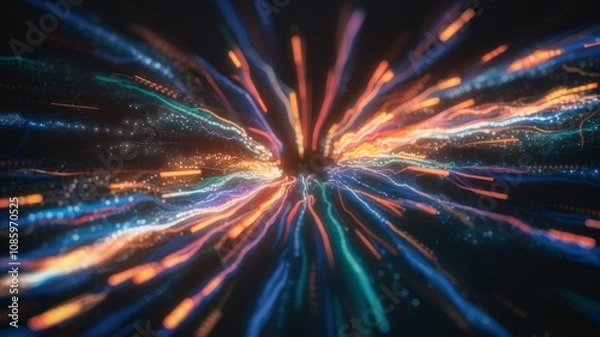 Fototapeta Cosmic Energy Flow: A vibrant visual symphony of flowing, multicolored lines and particles converging towards a central point, evoking a sense of energy, speed, and interconnectedness.