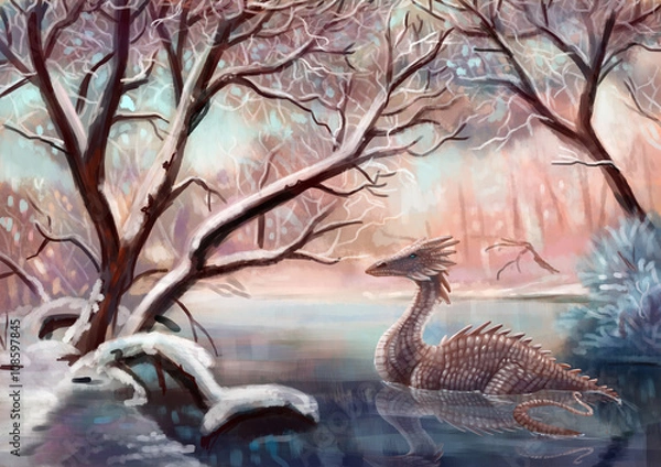 Fototapeta Дракон в зимнем лесу