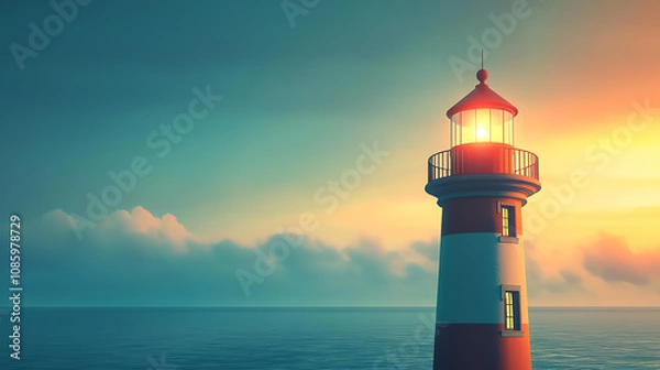 Fototapeta A lighthouse with a slight bend stands tall, gazing out over calm waters at sunset