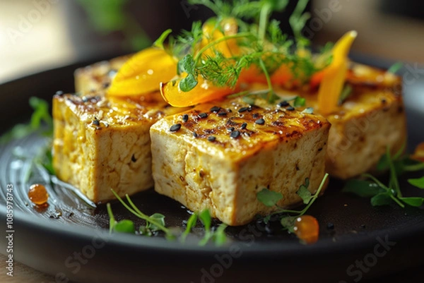 Fototapeta Styled tofu preparation with garnish.