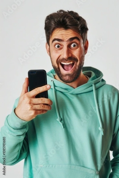 Fototapeta A person wearing a green hoodie holds a cell phone, possibly taking a call or checking messages