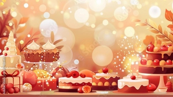 Fototapeta Colorful flat design of holiday dessert spread with pastries and bokeh background for text space