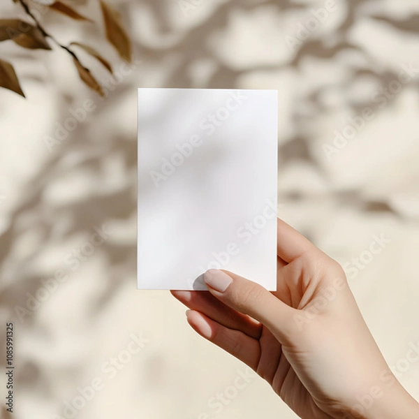 Obraz mockup of vertical A6 greeting card being held by a woman's hand, minimalist background