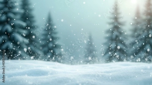 Fototapeta Winter snowy background with falling snow and fir trees in the background on blurred forest background. For New Year, Christmas cards. Christmas banner background