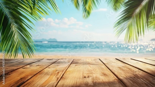 Obraz Top of wood table with seascape and palm leaves, blur bokeh light of calm sea and sky at tropical beach background, empty ready for product display montage