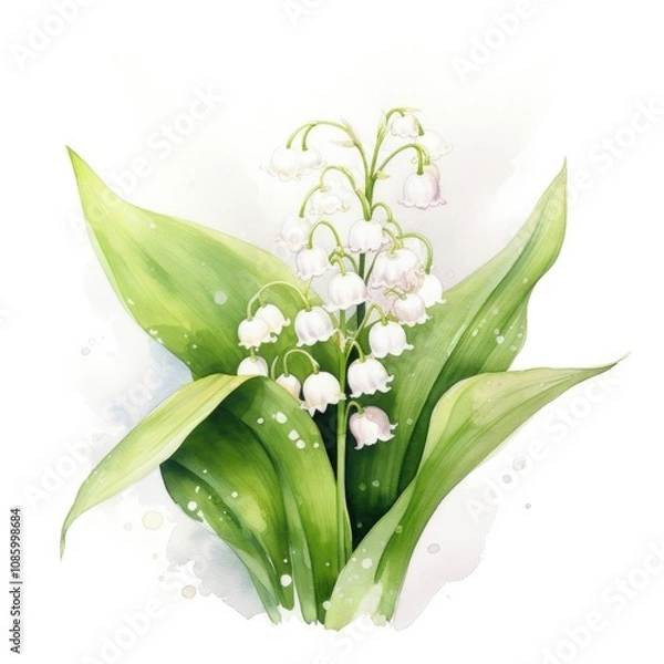 Fototapeta Charming depiction of lily of the valley flowers in soft watercolor, highlighting intricate details and fresh greenery. Ideal for floral designs, artistic projects, and nature inspired decor.
