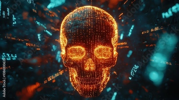 Fototapeta Futuristic Digital Skull Representation with Glowing Binary Code in a Dark Cybernetic Environment for Technology and Halloween Themes