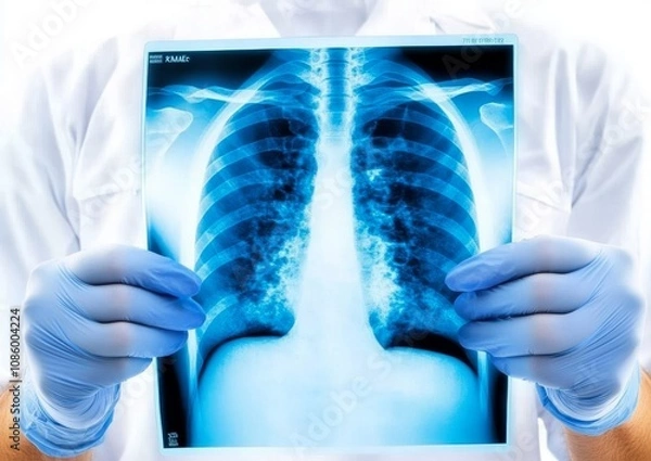 Fototapeta Gloved Hands Holding an X-Ray of the Chest in the Style of Medical Photography with a White Background and Blue Highlights