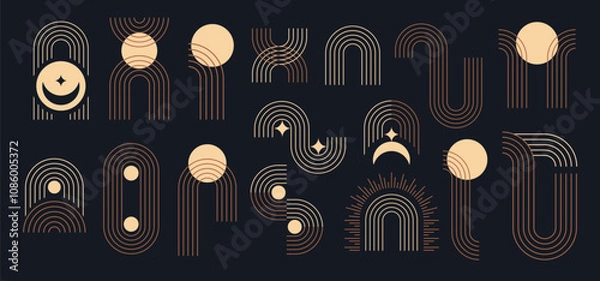 Obraz Line geometric arch and circle abstract shapes. Abstract minimal element mid century vector set. Aesthetic contemporary stripe line art, geometric shape, beige. For wall art, decoration, wallpaper.
