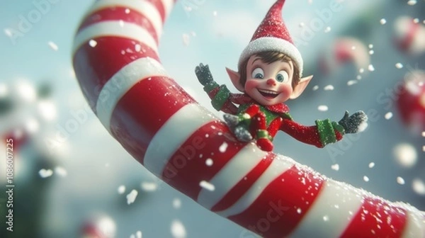 Obraz A cheerful elf sliding down a candy cane as snowflakes fall gently around them.