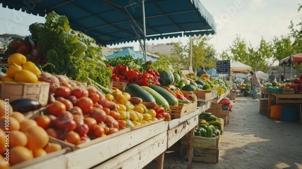 Obraz A farmer's market with tables piled high with fresh vegetables and fruits.