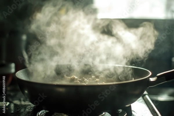 Fototapeta A close-up shot of a frying pan on a stove with steam rising from the pan