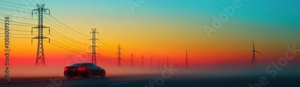 Fototapeta A Wide View of an Electric Power Grid at Sunset with Silhouettes of Towers and Lines Extending into the Distance, Symbolizing Energy Storage for Renewable Energy