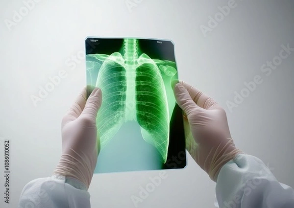 Fototapeta Gloved Hands Holding an X-Ray of the Chest in the Style of Medical Photography with a White Background and Blue Highlights