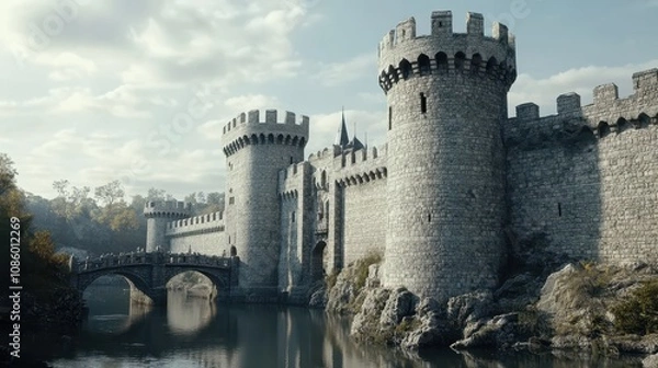 Obraz A medieval castle with high stone walls, turrets, and a drawbridge over a moat.