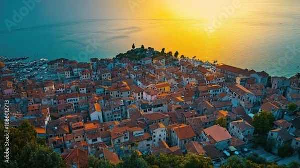 Fototapeta A serene cityscape with a beautiful sunset and water in the background, perfect for use in travel or urban themed projects