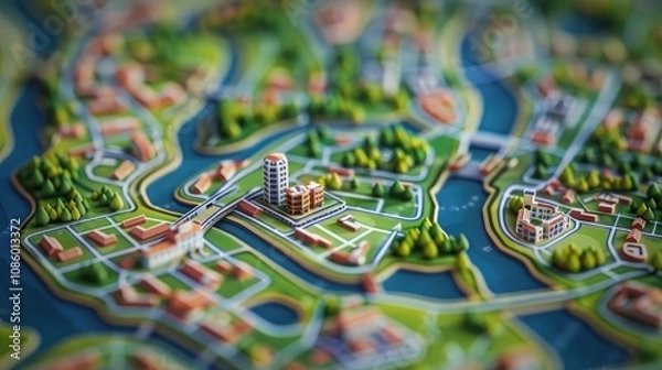 Fototapeta Aerial view of miniature city model with buildings, parks and river. Concept of urban planning, architecture, and development.