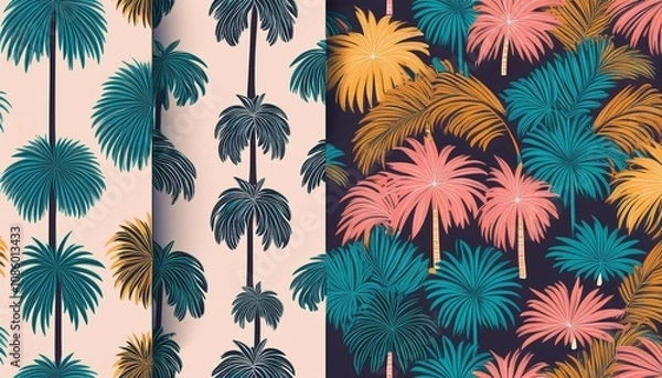 Fototapeta hand drawn palm tree doodle seamless pattern set colorful hawaiian print summer vacation background collection in vintage art style tropical plant painting illustration bundle