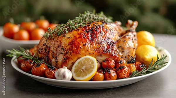Fototapeta Roasted turkey with golden skin surrounded by rosemary, bright cherry tomatoes, caramelized garlic cloves, and lemon slices, arranged artfully on a white plate.