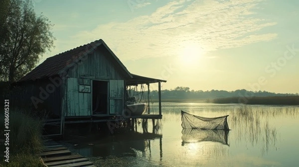 Obraz A serene riverside boathouse with fishing nets hanging to dry.