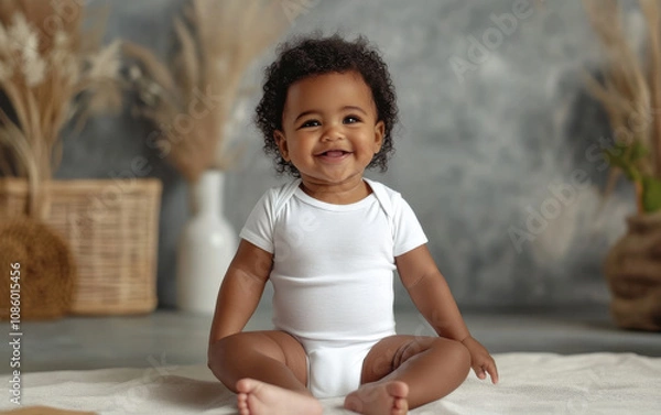 Fototapeta Black toddler girl wearing a white onesie sits happily on a soft surface surrounded by decorative plants and neutral-toned decor