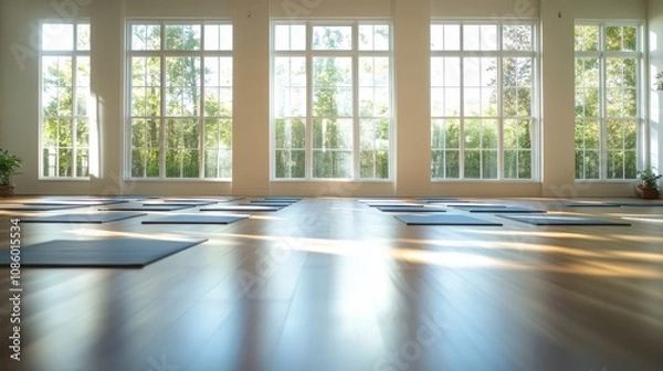 Fototapeta A serene yoga studio with large windows and mats neatly arranged.