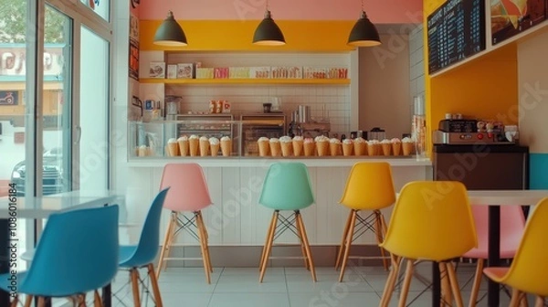 Obraz A small ice cream shop with colorful chairs and cones stacked behind the counter.