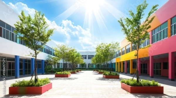 Obraz A sunny school courtyard surrounded by colorful classrooms.