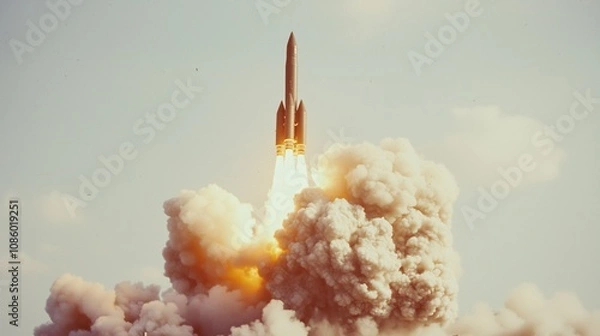 Fototapeta Rocket Launch with Fiery Exhaust and Billowing Smoke