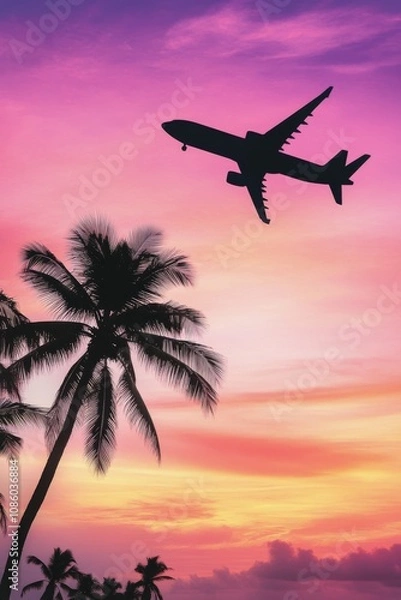Fototapeta Airplane flying over palm trees at sunset in a tropical location with vibrant sky colors
