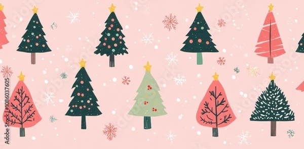 Fototapeta Festive illustration of various Christmas trees on a pink background with whimsical patterns