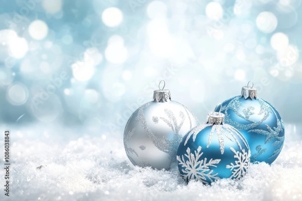 Fototapeta Blue Christmas Ornaments on a Light Blurred Background.