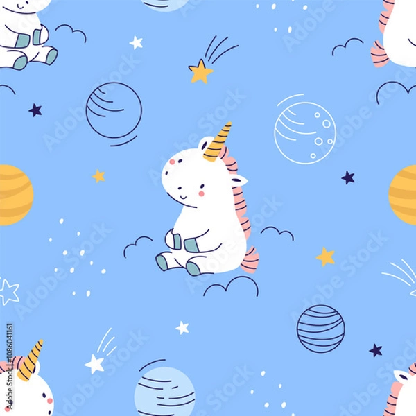 Obraz Seamless pattern with a unicorn in space, cute children's background for printing on fabric, wrapping paper, children's products. Vector illustration
