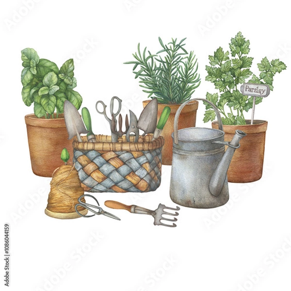 Fototapeta Ceramic pots with culinary herbs- rosemary, parsley and basil. Vintage garden scissor, pruning shear, trowel, rake in basket and watering can. Hand drawn watercolor painting illustration isolated