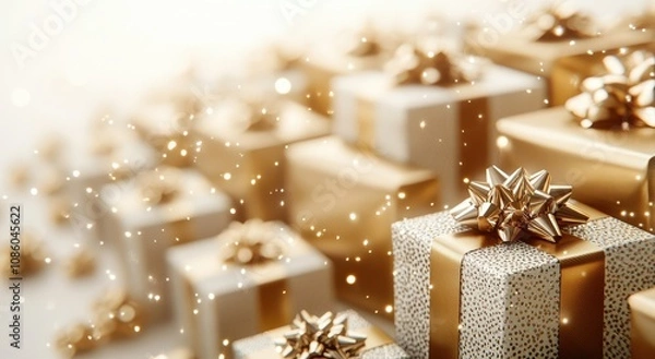 Fototapeta Luxurious golden and silver gift boxes with elegant ribbons on a white background for a festive and celebration concept