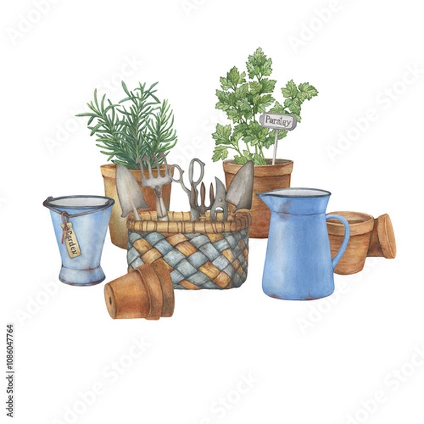 Fototapeta Ceramic pots with culinary herbs- rosemary, parsley. Vintage garden scissor, pruning shear, trowel, rake in basket and old blue enamel water pitchers. Hand drawn watercolor illustration isolated