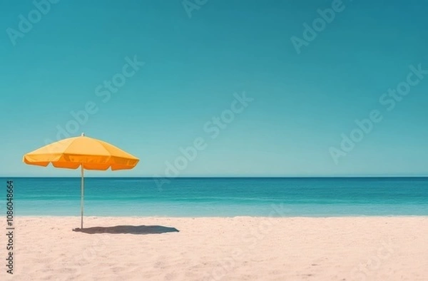 Fototapeta A bright yellow umbrella on a serene beach under a clear blue sky in midday light