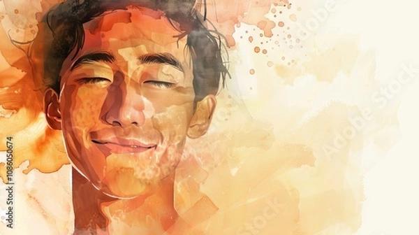 Fototapeta Watercolor illustration of a smiling asian man with eyes closed in warm tones concept of peaceful relaxation and artful expression. Gay man, LGBT