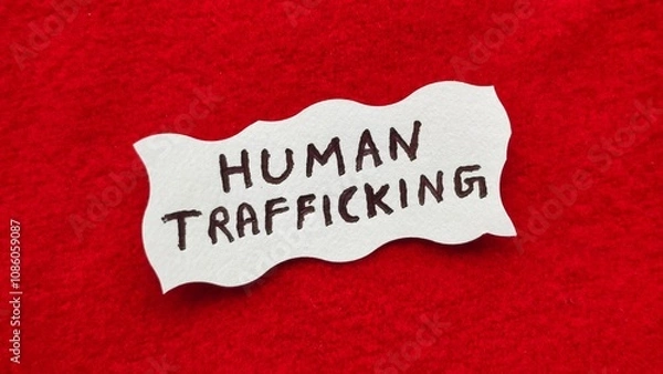 Fototapeta Human Trafficking word letters text handwritten calligraphy design on white paper label note isolated on a red background surface with copy space. Closeup macro top view. Human Trafficking concept.