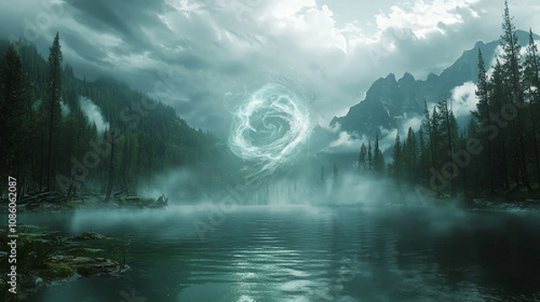 Fototapeta A powerful elemental spirit swirls above a tranquil lake surrounded by misty mountains in a mystical landscape at dawn