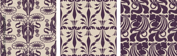 Obraz Seamless patterns of silhouettes vintage floral design decorative elements in art nouveau style, vector backgrounds, wallpaper, paper, textile, fabric
