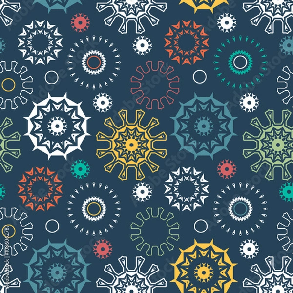 Fototapeta Seamless pattern with chaotically placed multi-colored decorative elements on a dark blue background. Vector illustration