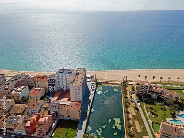 Obraz Aerial top down view of river filled with algae bloom in Palamos Catalonia