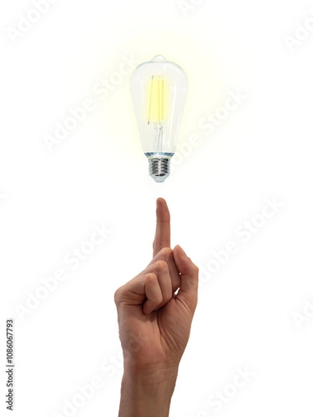 Fototapeta index finger raised upwards to indicate a lit light bulb