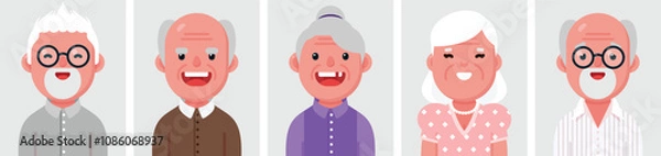 Fototapeta Set of flat portraits of elderly people. Collection of colored cartoon characters old woman and man, profile picture, vector illustration.
