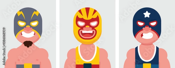 Fototapeta Set of flat portraits of Mexican wrestling. Collection of colored cartoon character sport man with lucha masks in different poses and outfits, profiles pictures, vector illustration.